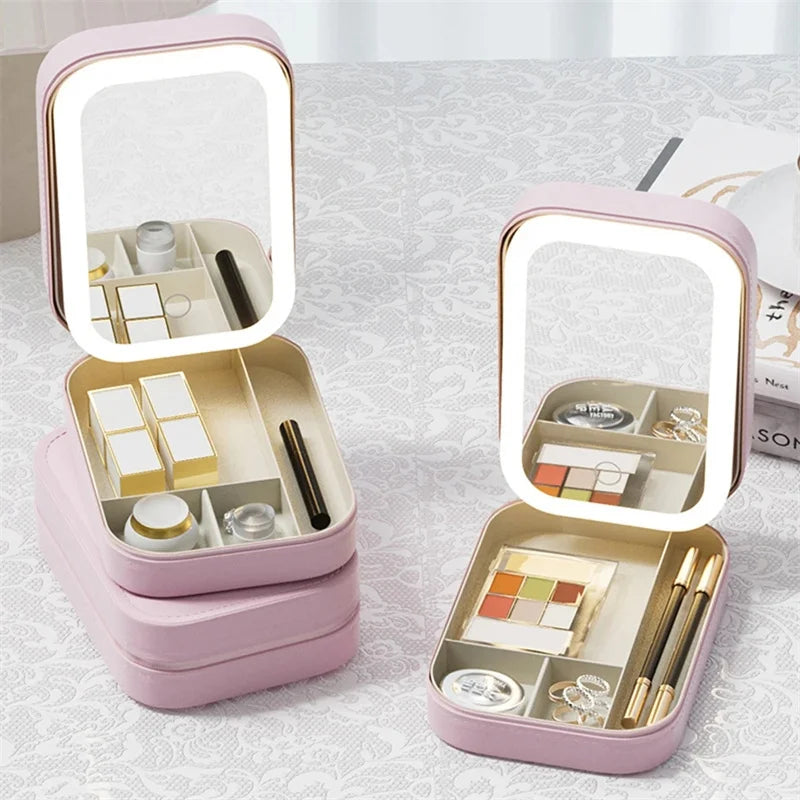 Boîte de rangement de maquillage miroir LED, étui de maquillage de voyage Portable, sac à cosmétiques, boîte de rangement de maquillage de grande capacité, accessoires de maquillage