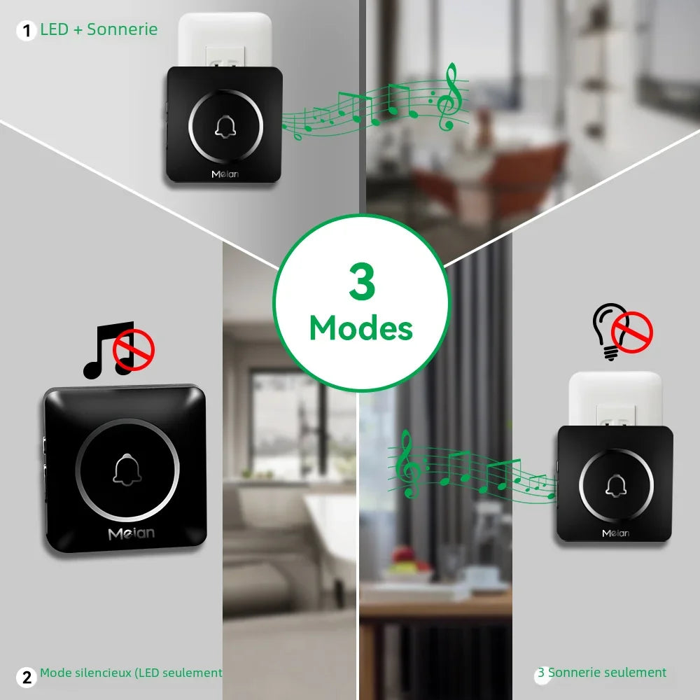 Meian-sonnette sans fil extérieure, sonnette de bienvenue pour maison intelligente, sonnette de porte étanche IP65, Kit de carillon, sonnerie 60, alarme Flash LED