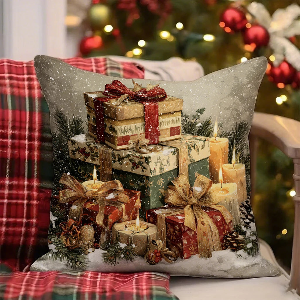 Housse de coussin décorative aux motifs festifs de Père Noël et bonhomme de neige