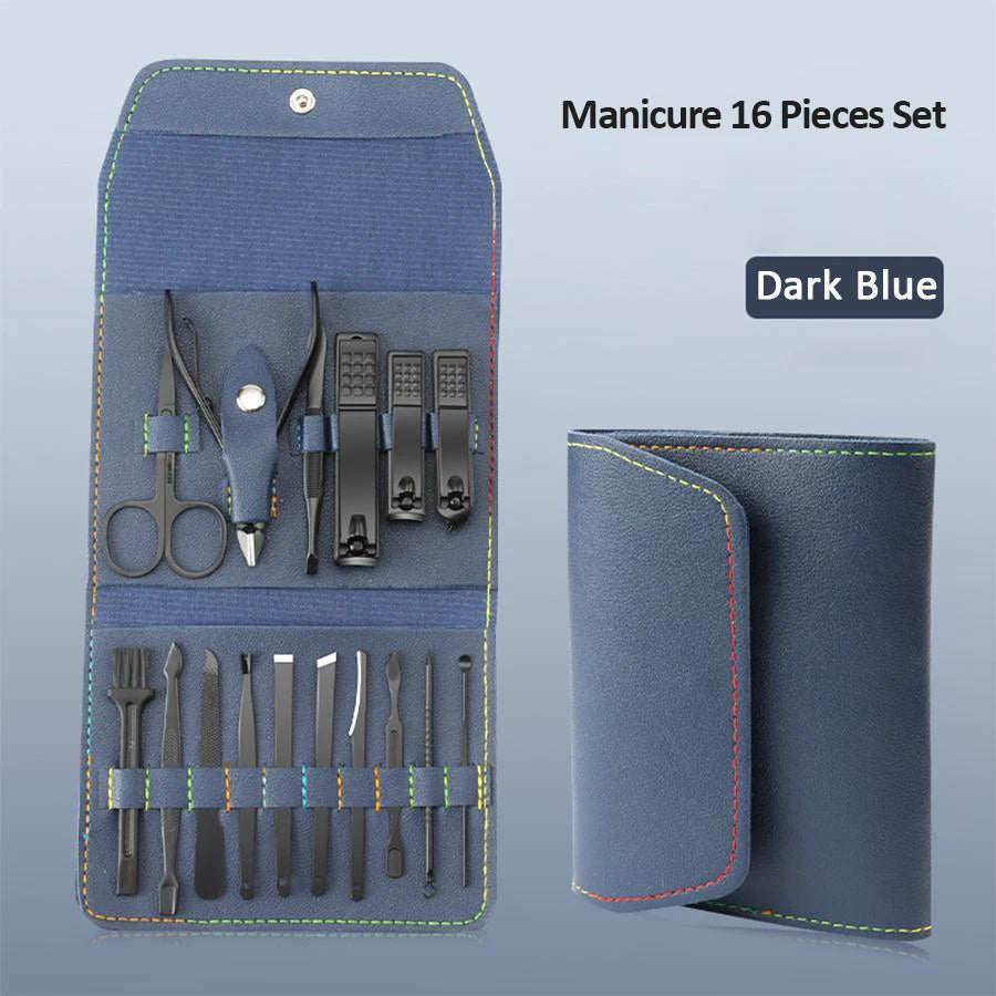 Kit de toilettage des ongles de qualité supérieure, 16 pièces, pour la maison, tondeuses en acier inoxydable, ensemble de pédicure et étui de voyage inclus, ensemble de manucure