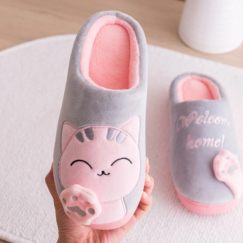 Pantoufles d'hiver pour femmes, chaussures de chat de dessin animé, douces et chaudes, pantoufles en coton
