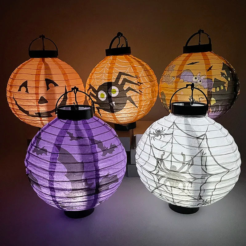 Lanterne LED en papier citrouille pour Halloween, lanterne suspendue avec impression de crâne d'araignée et de chauve-souris, décoration extérieure pour Festival, fête, maison, jardin