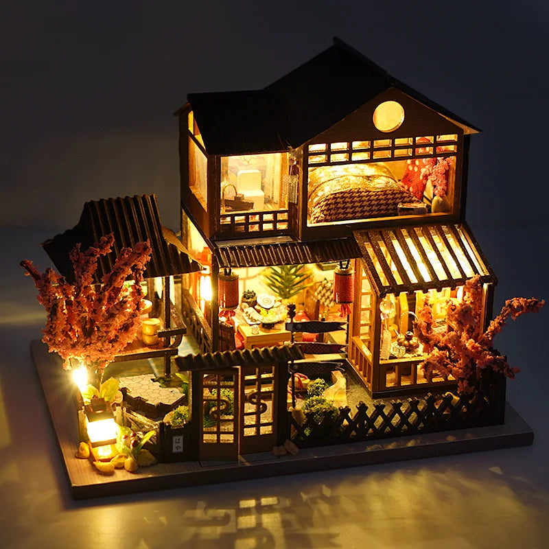 Mini maison de poupée en bois avec meubles, Kit d'éclairage, accessoires miniatures, jouets en bois faits à la main, cadeaux d'anniversaire, bricolage