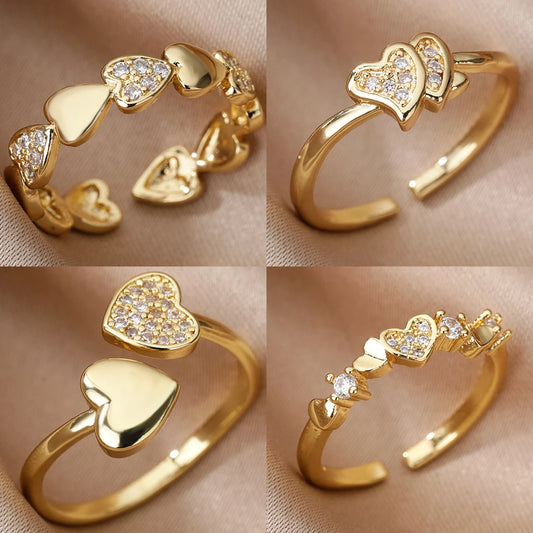 Bagues en forme de cœur en Zircon pour femmes, anneau ouvert et réglable en acier inoxydable, couleur or