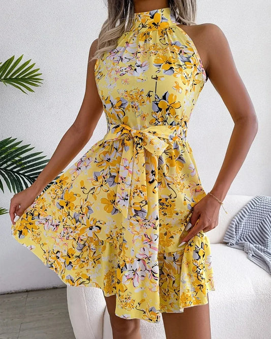 Robe courte sexy à fleurs pour femmes, tenue de plage décontractée, col licou, vêtements de vacances, printemps et été