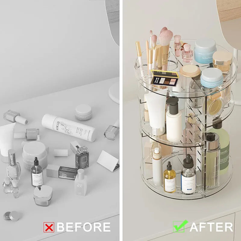 Organisateur de maquillage rotatif, vitrine de cosmétiques avec porte-brosse, plateau de parfum, carrousel de rangement pour comptoir de salle de bain
