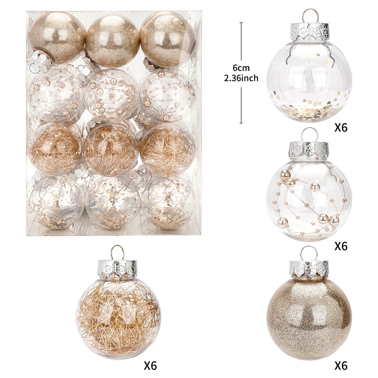 Boules décoratives de Noël transparentes en PET, 24 pièces, ornements d'arbre de Noël