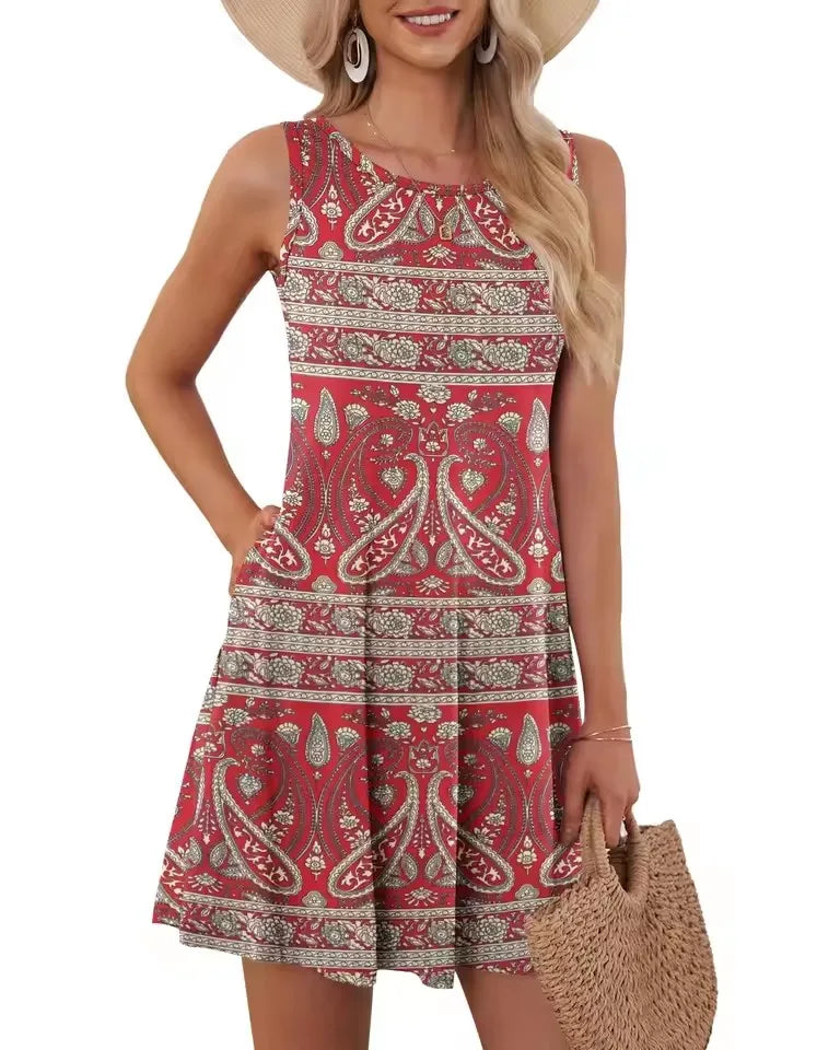 Mini robe trapèze rétro à col rond pour femmes, robes d'été pour femmes, poche en fibre, imprimé floral, glacé, précieux, décontracté