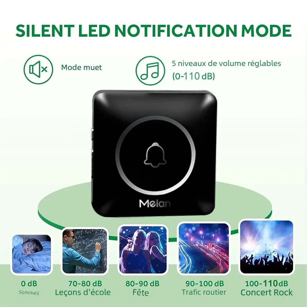 Meian-sonnette sans fil extérieure, sonnette de bienvenue pour maison intelligente, sonnette de porte étanche IP65, Kit de carillon, sonnerie 60, alarme Flash LED