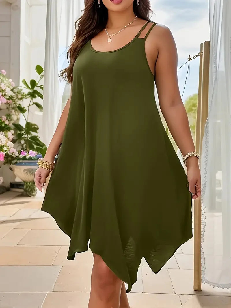 Grande taille femmes solide à bretelles ourlet asymétrique t-shirt robe mi-longue dames sans manches décontracté ample vacances d'été robe d'été XL-5XL