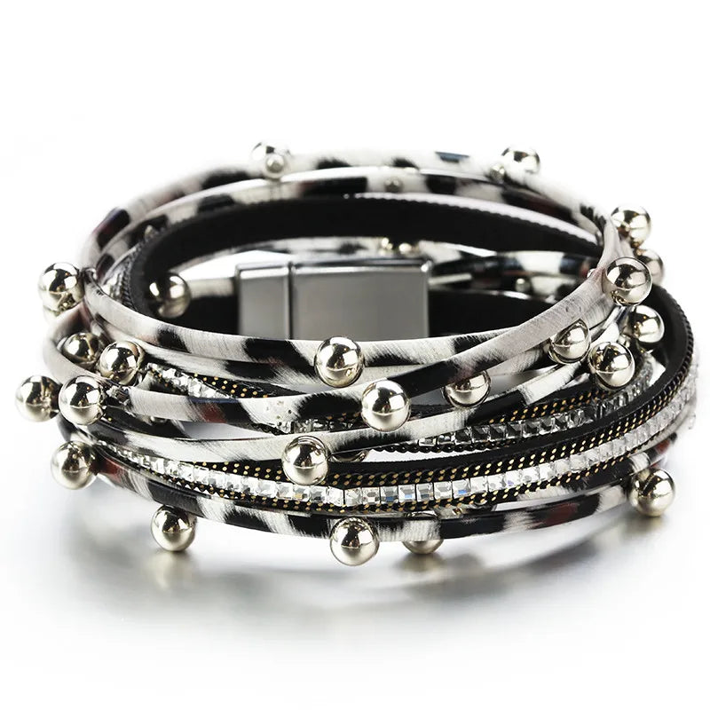 ALLYES – Bracelets en cuir à breloques en perles métalliques pour femmes et hommes, chaîne en cristal, bohème, multicouche, bijoux féminins