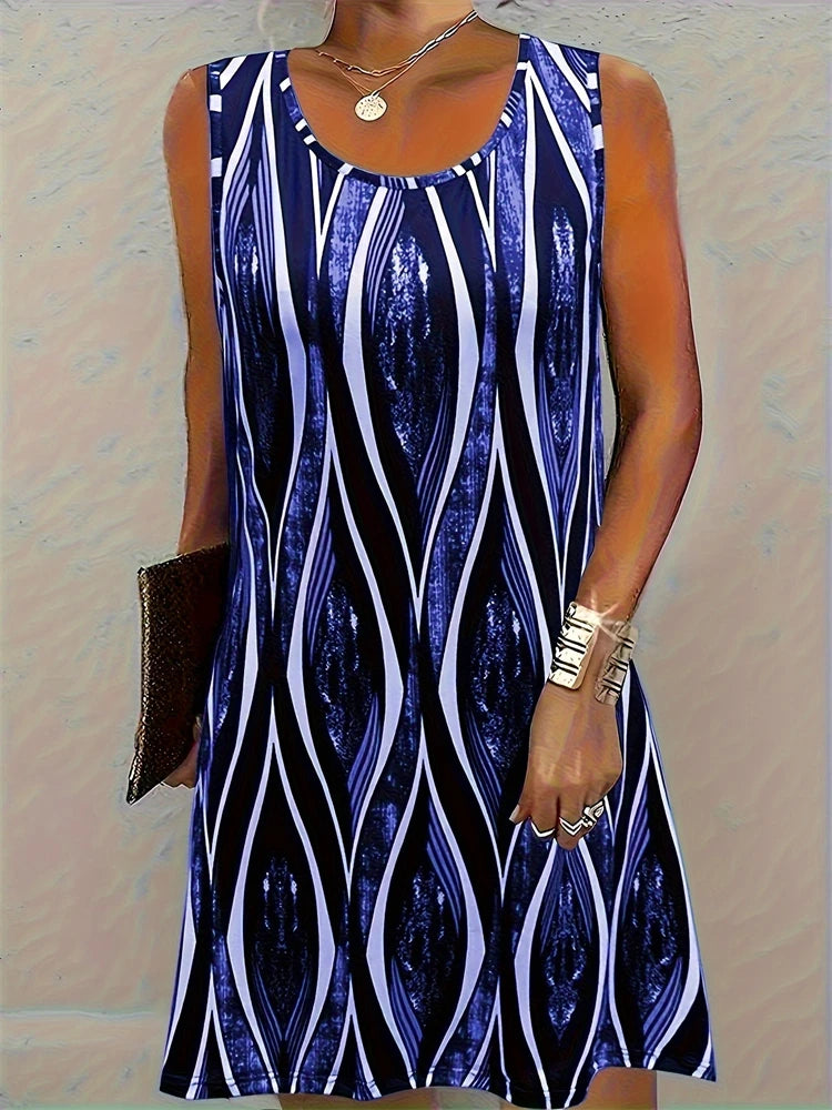 Robe courte d'été pour femmes, longueur aux genoux, style bohème, Vintage, imprimé, col rond, décontractée, confortable, robe de plage, sans manches, 2025