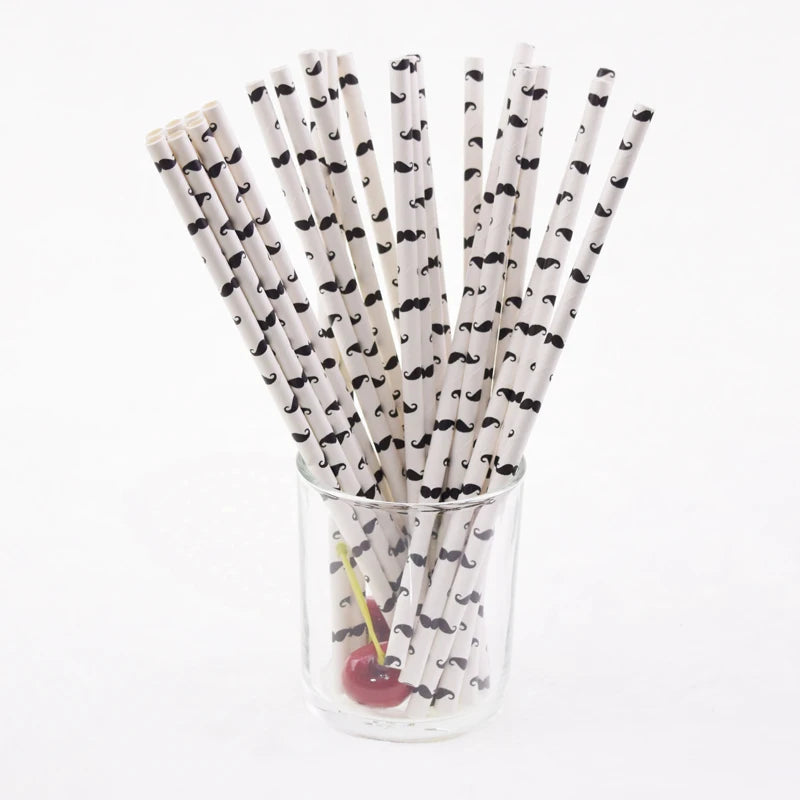 Lot de 25 pailles en papier noir, motif étoiles, rayures, moustache, zèbre, pour décoration de fête prénatale, mariage, anniversaire, Halloween