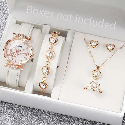 Montre à quartz analogique avec bracelet en cuir pour femme, cœur, ensemble de bijoux, mode, sans boîte, 6 pièces