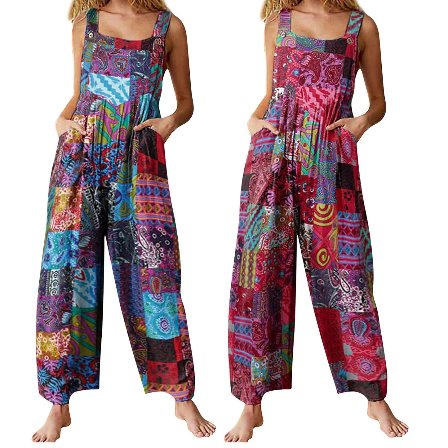 Combinaisons d'été pour femmes, salopette multicolore style ethnique, col carré, barboteuse décontractée avec poches pour filles