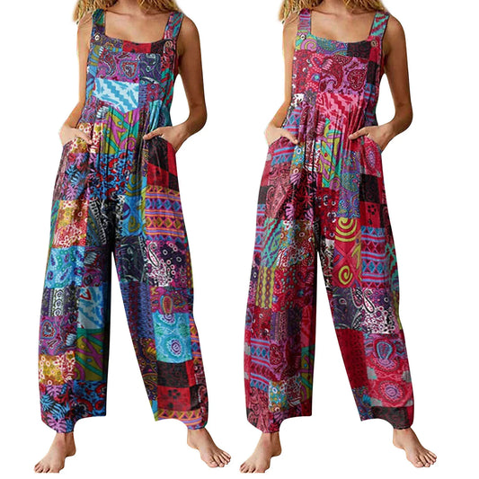 Combinaisons d'été pour femmes, salopette multicolore style ethnique, col carré, barboteuse décontractée avec poches pour filles