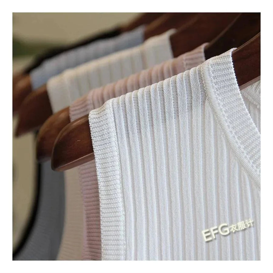 Chemisier d'été sans manches pour femmes, col rond, tricoté, chemise, vêtements pour femmes