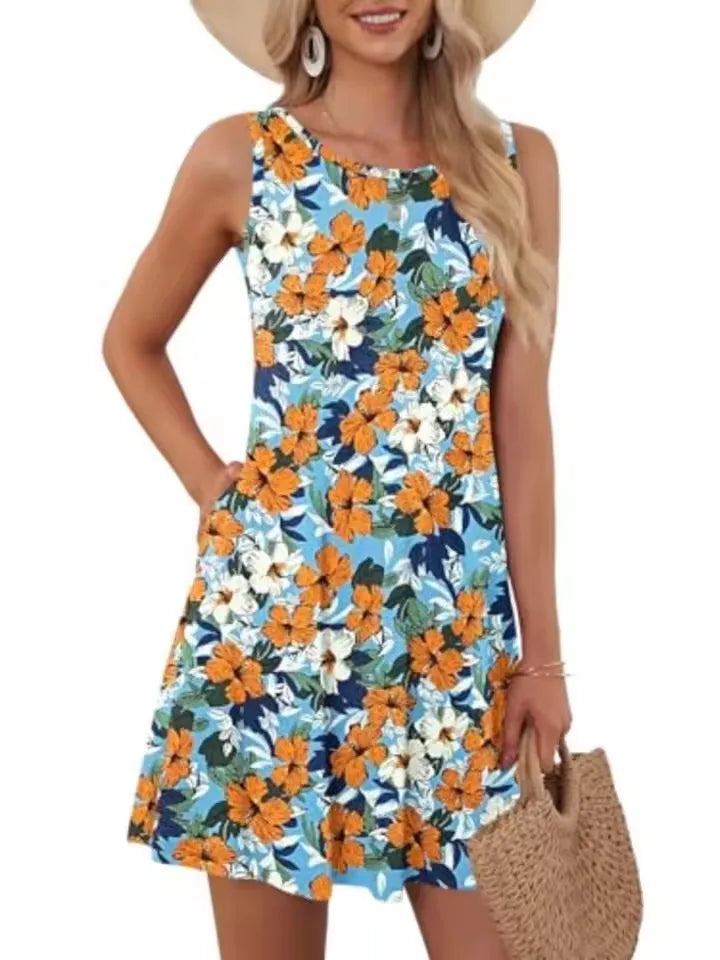 Mini robe trapèze rétro à col rond pour femmes, robes d'été pour femmes, poche en fibre, imprimé floral, glacé, précieux, décontracté
