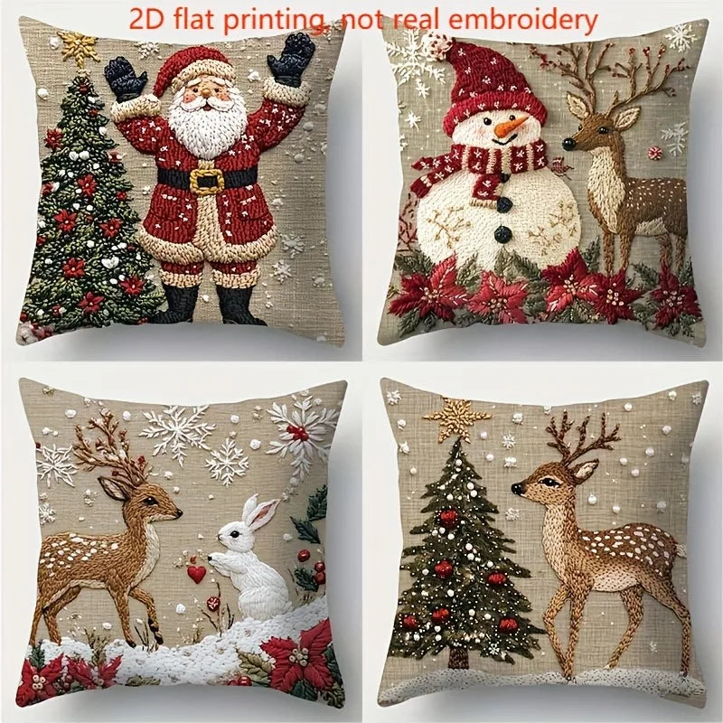 Housse de coussin de Noël: père noël, bonhomme de neige, cerf et lapin, taie d'oreiller plate imprimée en 2D