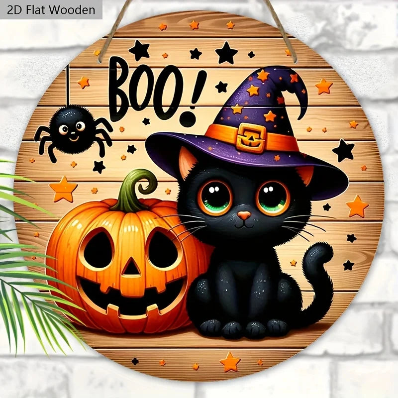 Panneau d'Halloween en bois, pendentif en bois BOO avec motif chat noir et citrouille