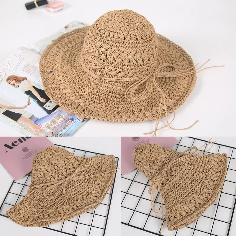 Chapeau de plage, chapeau de paille de plage d'été pour femmes, chapeau de soleil à grand avant-toit évidé à la main, chapeau de soleil pliant d'extérieur artistique et frais