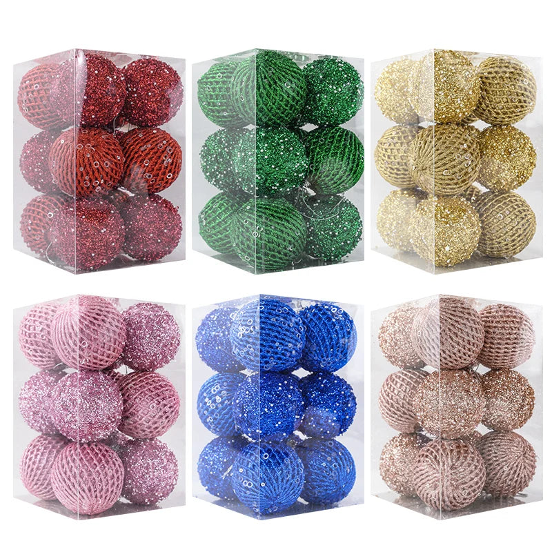 Ornements de sapin de Noël dorés et blancs scintillants, 8cm, 12 pièces