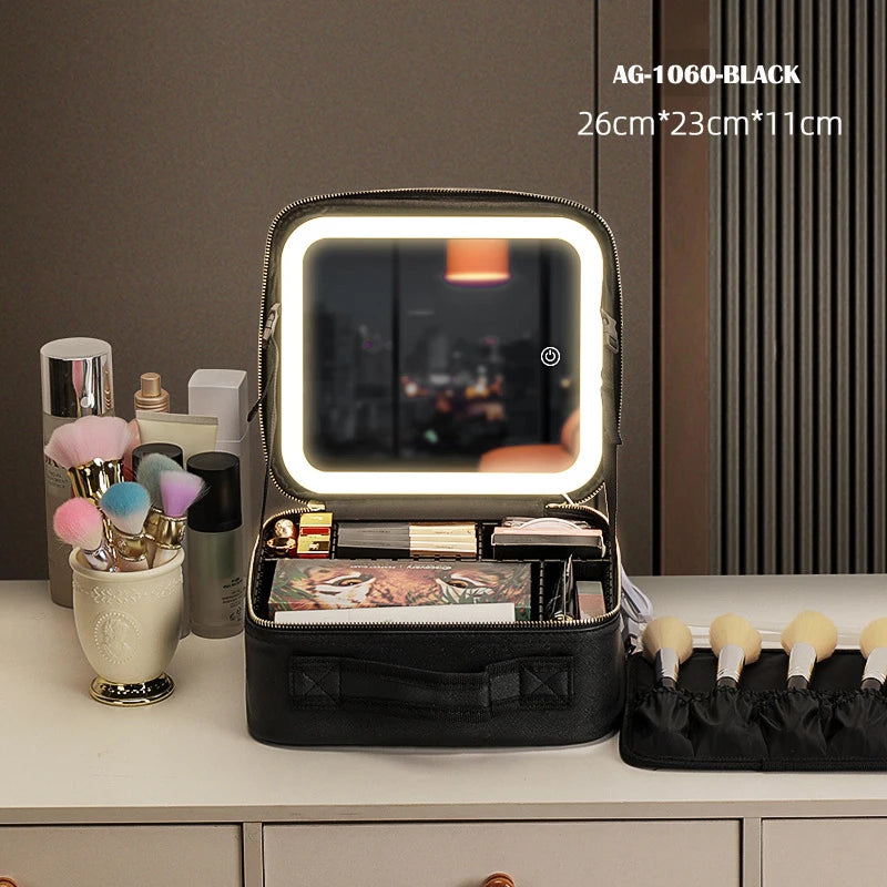 Boîte de rangement de voyage Portable pour cosmétiques, avec sacs de vanité rechargeables Led 2000mAh, étui de maquillage avec miroir lumineux Led