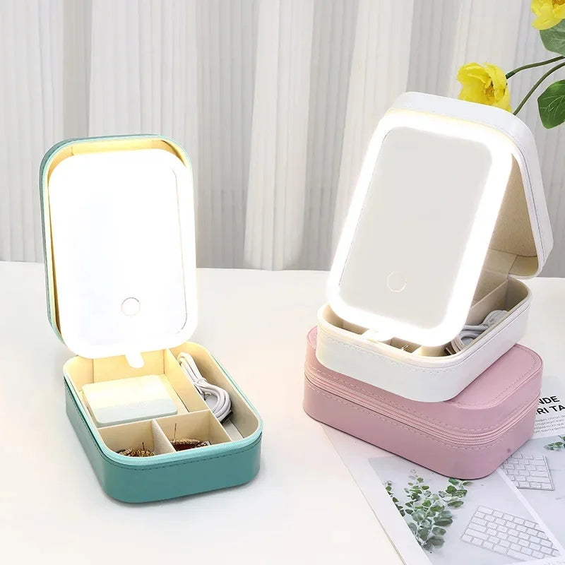 Boîte de rangement de maquillage miroir LED, étui de maquillage de voyage Portable, sac à cosmétiques, boîte de rangement de maquillage de grande capacité, accessoires de maquillage