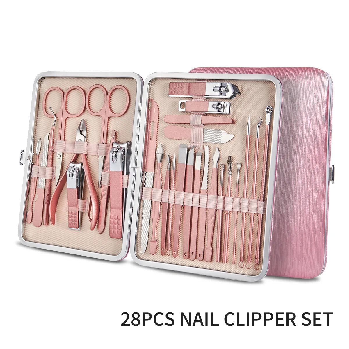 7/16/28 pièces ensemble de coupe-ongles ensemble de manucure professionnel ciseaux de pédicure en acier inoxydable outil de toilettage avec étui de voyage rose
