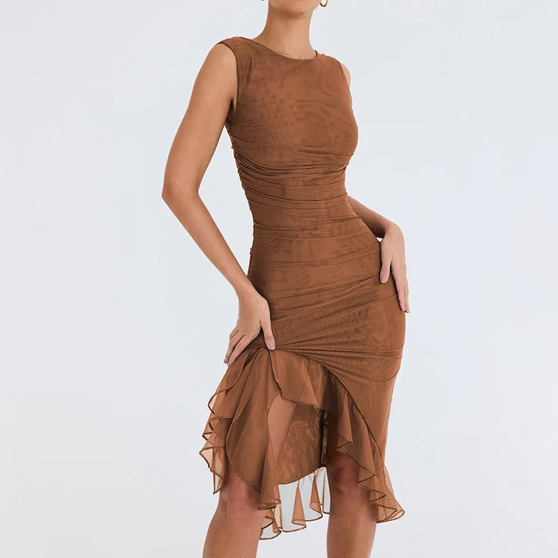Robe mi-longue froncée à volants pour femmes, robe élégante, dos nu, fibre irrégulière, club, fête, sexy, été, nouveau