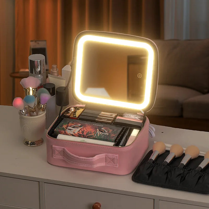 Boîte de rangement de voyage Portable pour cosmétiques, avec sacs de vanité rechargeables Led 2000mAh, étui de maquillage avec miroir lumineux Led