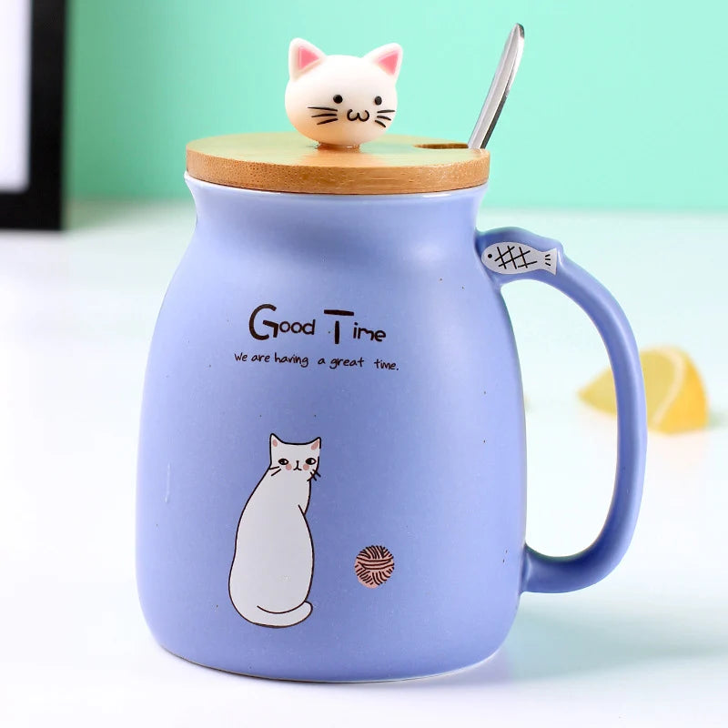Tasse résistante à la chaleur pour chat, couleur créative, dessin animé avec couvercle, tasse de 450ml, chaton, café, tasses en céramique, tasse pour enfants, verres de bureau, cadeau