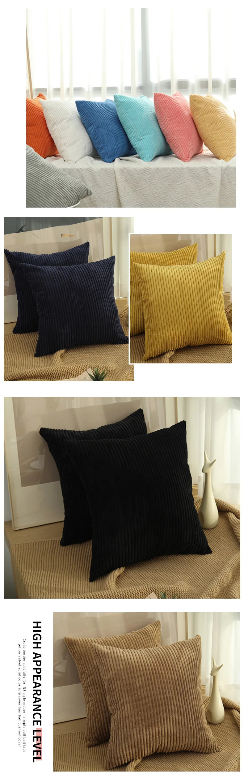 Housse de coussin en velours côtelé, grande taille 70x70 65x65