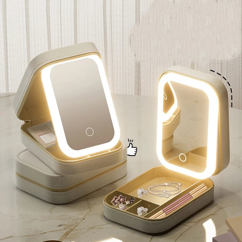 Boîte de rangement de maquillage miroir LED, étui de maquillage de voyage Portable, sac à cosmétiques, boîte de rangement de maquillage de grande capacité, accessoires de maquillage
