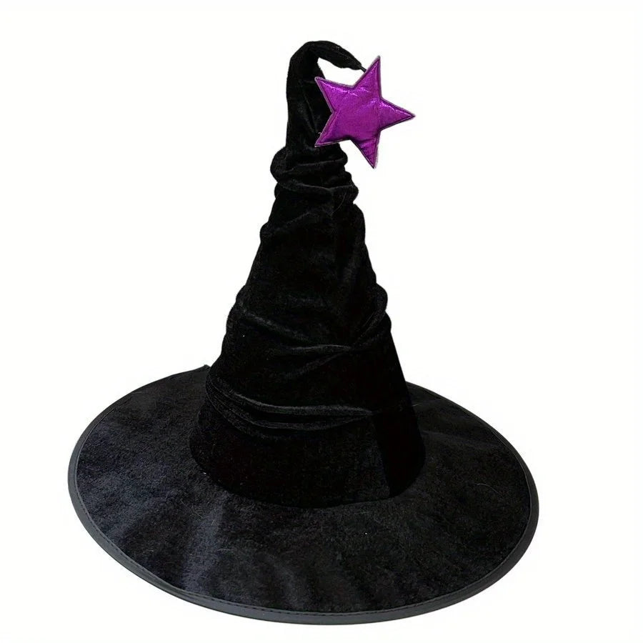 Chapeau de sorcière froissé pour Halloween, chapeau de sorcière en velours noir, costume de sorcière, accessoires de maquillage, décorations de chapeau