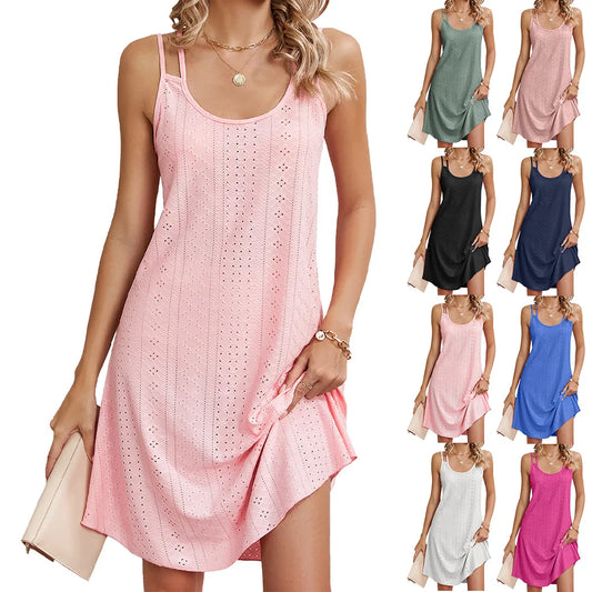 Robe courte ample sans manches pour femmes, couleur unie, col rond, bretelles, mode été, Sexy, dos nu, plage, vacances, 2025