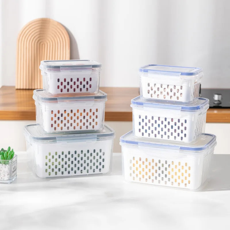 Boîte de conservation réfrigérée avec panier de drainage intégré, système complet pour préservation optimale de fruits et légumes