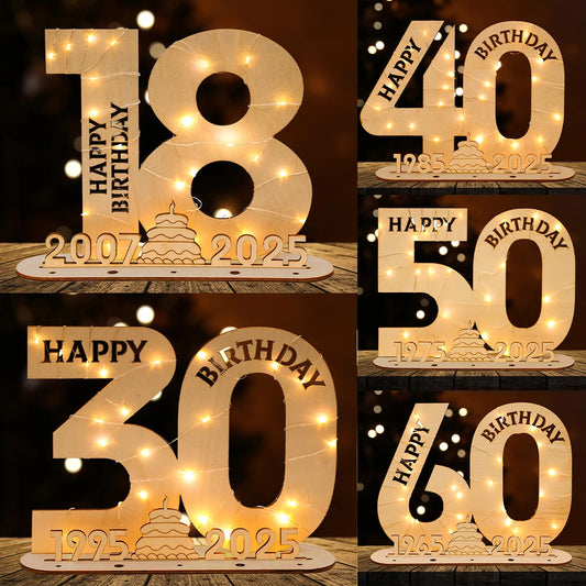 Décor de fête d'anniversaire en bois avec lumière LED, chiffres et lettres, fournitures de fête, faveurs pour adultes, 30 ans, 40 ans, 50 ans