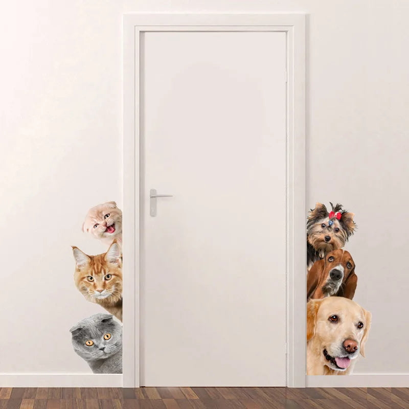 Autocollant Mural 3D en Vinyle représentant Chiens et Chats, Décoration de Maison pour Chambre d'Enfants, Porte, Fenêtre, Réfrigérateur, Garde Robe, Dessin Animé Artistique d'Animaux