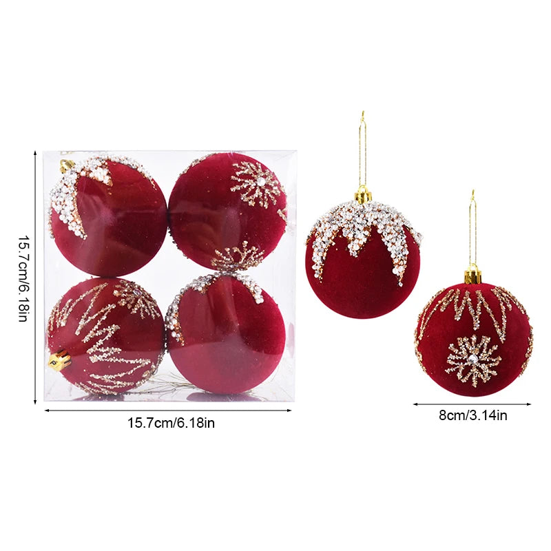 Ornements de boule de Noël rouge vin, paillettes scintillantes, velours, arbre de Noël 8cm, 4 pièces par boîte