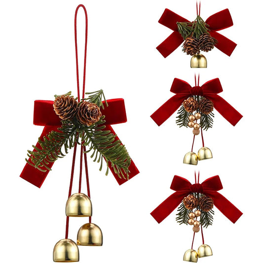 Nœuds de noël en velours avec cloches, 1 pièce, pomme de pin, ornements suspendus pour arbre de Noël