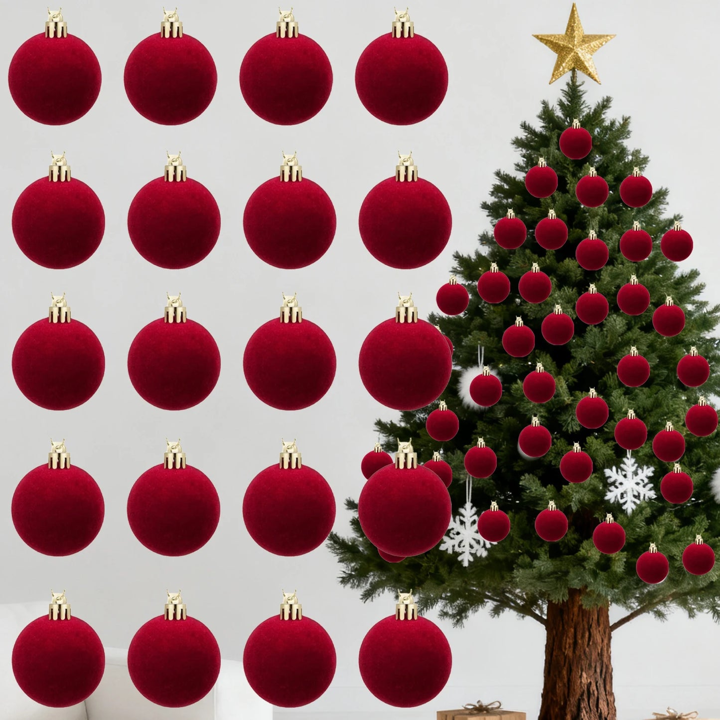 Boules de Noël en velours rouge vin de 6cm, pour arbre de Noël floqué, pendentifs suspendus