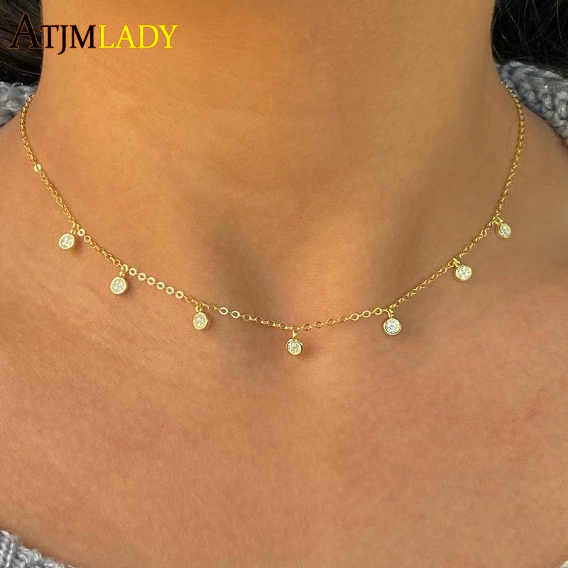 Collier ras du cou en argent Sterling 925 pour femmes, Station CZ transparente, multi-charmes, à la mode, délicat, points Disco, goutte d'eau, pendentif