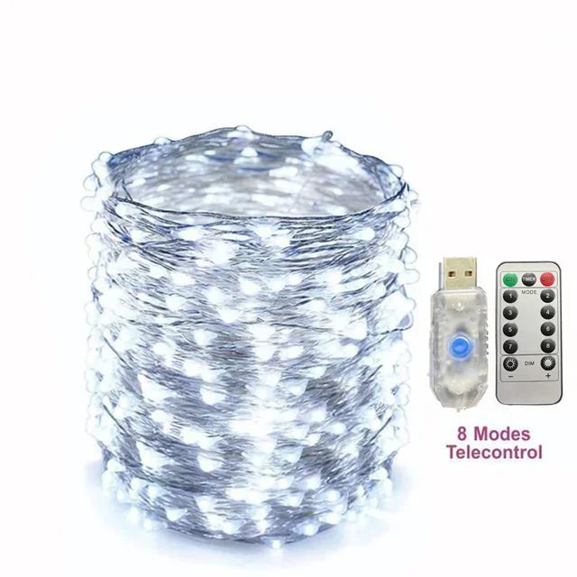 Guirlande lumineuse basse tension en fil de cuivre avec télécommande USB, 10M/20M/30M, 300Led, 8 fonctions, fil de cuivre Led de noël