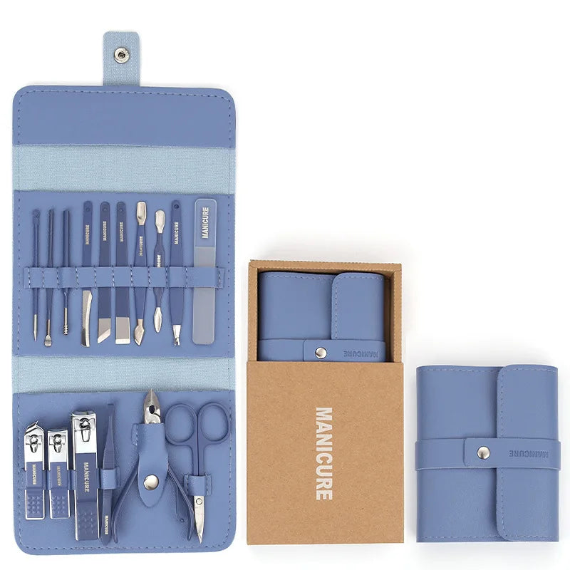 Ensemble de manucure professionnel 12/16 pièces, Kit complet de pédicure en acier inoxydable avec étui Portable en cuir, idée cadeau