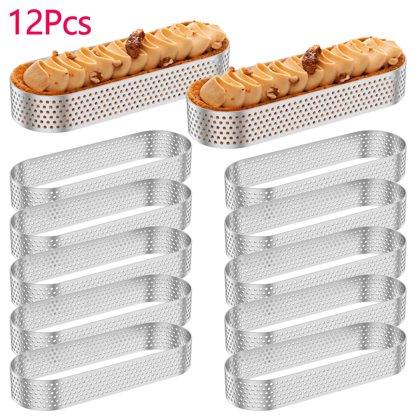 Anneaux à tarte ovales en acier inoxydable, 12 pièces, anneau à tarte poreux, moule à Mousse de gâteau perforé, coupe-biscuits, outil de moule à pâtisserie Quiche
