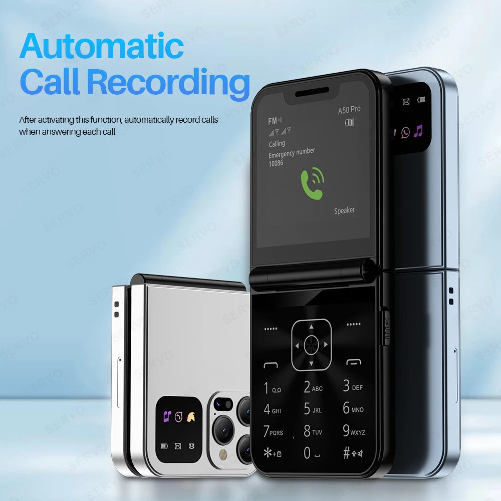 Servo A50 pro Flip téléphone portable Dual Sim GSM lampe de poche enregistrement automatique des appels 2,4 pouces écran pliable type C