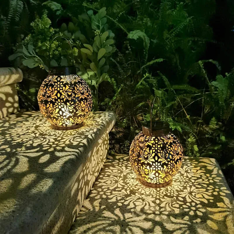 Lanterne solaire à LED en fer forgé, lumière de projection creuse, lampes de face, extérieur, étanche, cour, jardin, décoration artistique