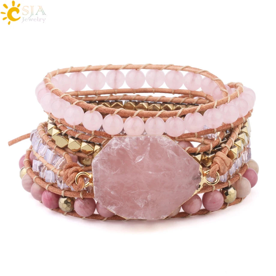 Bohemain femmes Bracelet en cuir pierre gemme rose cristal Vintage tissage déclaration fantaisie fille Bracelet Bijoux S308