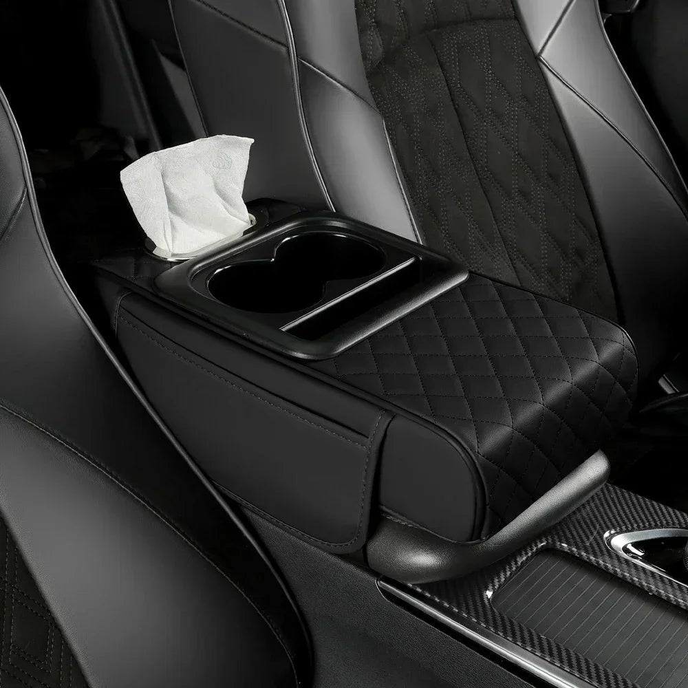 Boîte d'accoudoir de voiture 7.5cm, coussin de hauteur épais, coussin de repose-bras avec porte-gobelet en tissu de poche, Support de coude en coton à mémoire de forme, coussin de hauteur